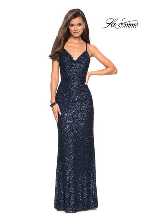 La Femme 27234 prom dress images.  La Femme 27234 is available in these colors: Gunmetal, Light Gold, Navy.