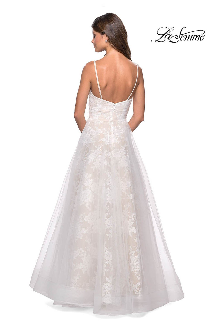 La Femme 27263 prom dress images.  La Femme 27263 is available in these colors: White Nude.