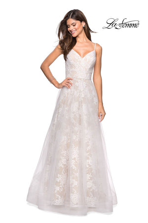 La Femme 27263 prom dress images.  La Femme 27263 is available in these colors: White Nude.