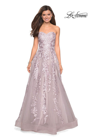 La Femme 27269 prom dress images.  La Femme 27269 is available in these colors: Ivory Nude, Lilac Mist, Mauve, Navy, Red.