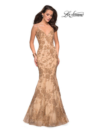 La Femme 27285 prom dress images.  La Femme 27285 is available in these colors: Light Gold.