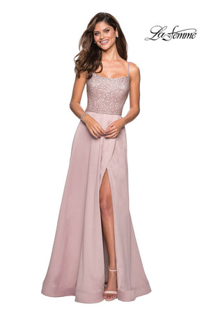 La Femme 27293 prom dress images.  La Femme 27293 is available in these colors: Champagne, Lavender, Royal Blue.