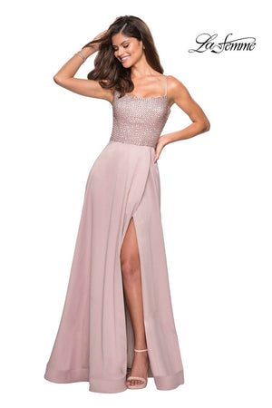 La Femme 27293 prom dress images.  La Femme 27293 is available in these colors: Champagne, Lavender, Royal Blue.