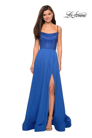 La Femme 27293 prom dress images.  La Femme 27293 is available in these colors: Champagne, Lavender, Royal Blue.