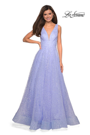La Femme 27323 prom dress images.  La Femme 27323 is available in these colors: Lilac Mist, White.
