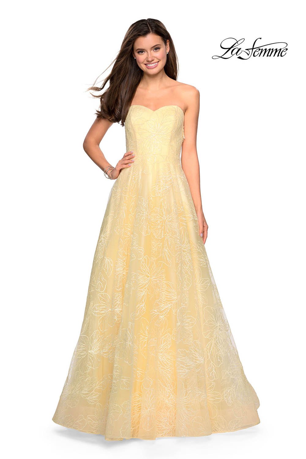 La Femme 27324 prom dress images.  La Femme 27324 is available in these colors: Cloud Blue, Mauve, Pale Yellow, Silver, White.