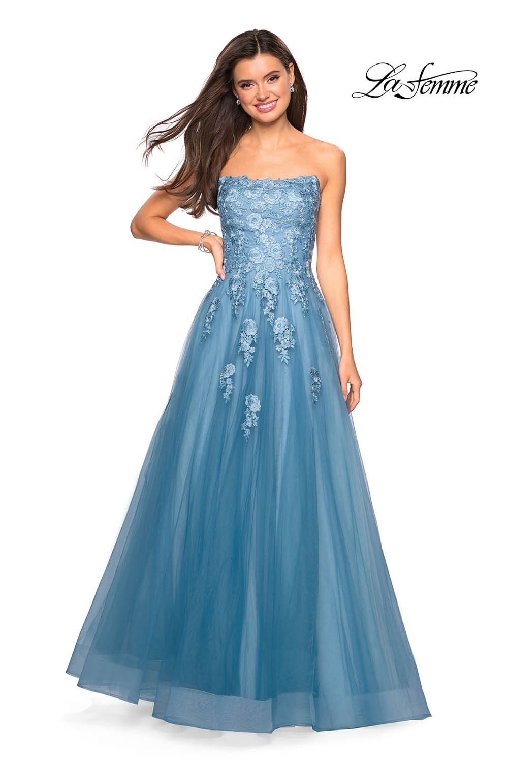 La Femme 27330 prom dress images.  La Femme 27330 is available in these colors: Blush, Dusty Blue, Lilac Mist, Pale Yellow, Wine.