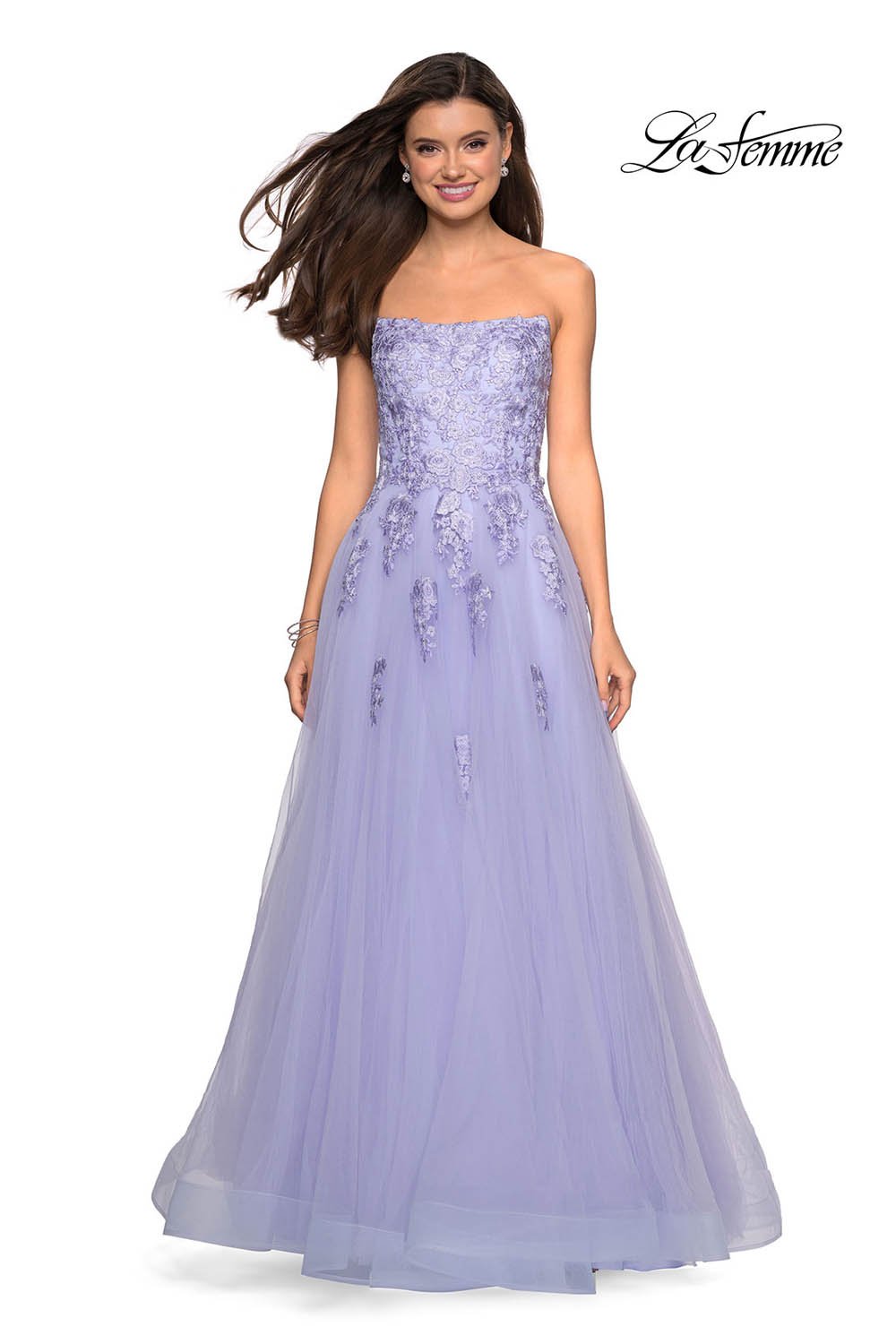 La Femme 27330 prom dress images.  La Femme 27330 is available in these colors: Blush, Dusty Blue, Lilac Mist, Pale Yellow, Wine.