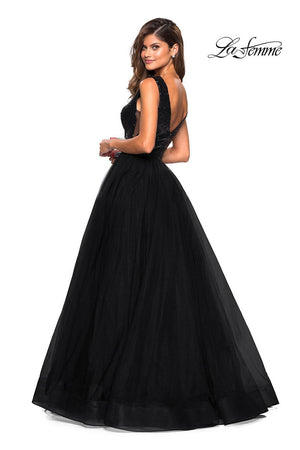 La Femme 27336 prom dress images.  La Femme 27336 is available in these colors: Black, Red, Royal Blue.