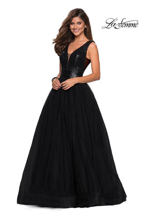 La Femme 27336 prom dress images.  La Femme 27336 is available in these colors: Black, Red, Royal Blue.