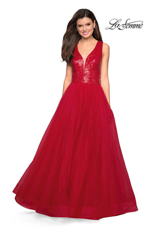 La Femme 27336 prom dress images.  La Femme 27336 is available in these colors: Black, Red, Royal Blue.