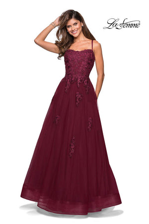 La Femme 27441 prom dress images.  La Femme 27441 is available in these colors: Burgundy, Navy, Pale Yellow, Silver.