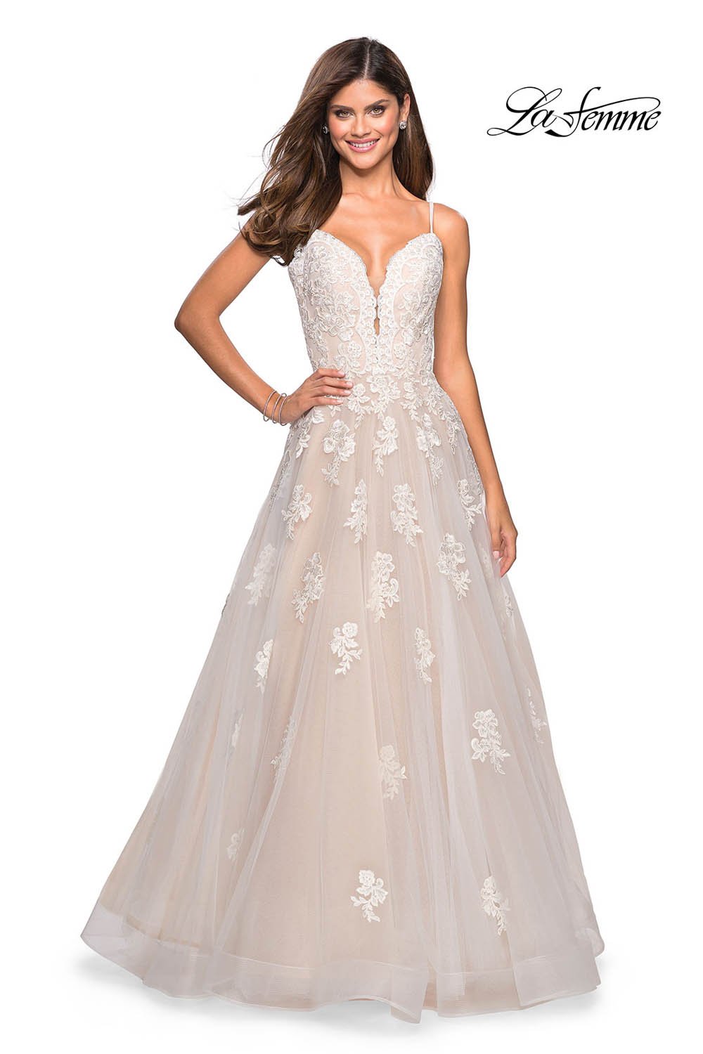 La Femme 27463 prom dress images.  La Femme 27463 is available in these colors: Cloud Blue, Dusty Lilac, Red, White Nude.