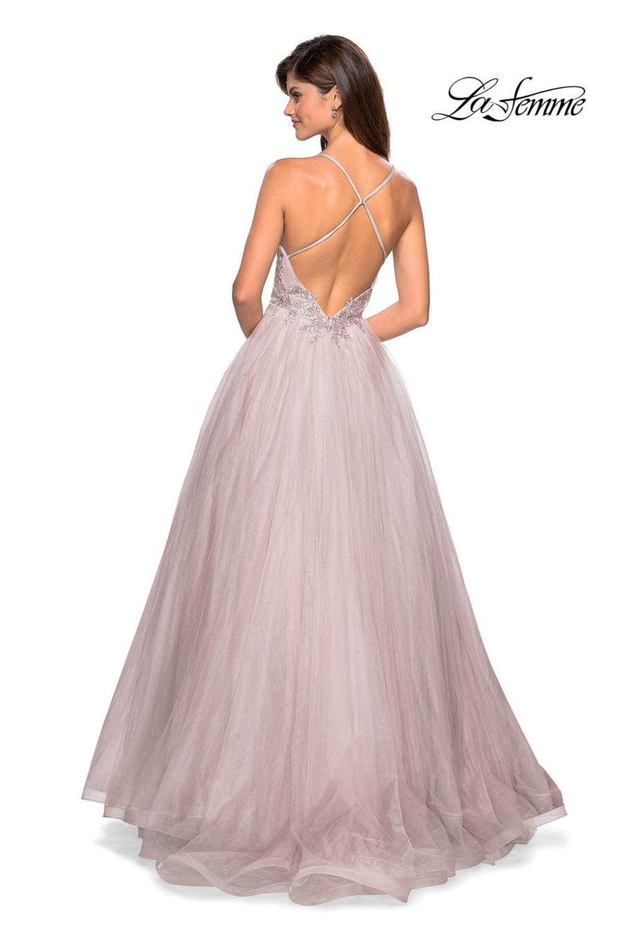 La Femme 27475 prom dress images.  La Femme 27475 is available in these colors: Cloud Blue Silver, Dusty Mauve.