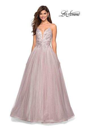 La Femme 27475 prom dress images.  La Femme 27475 is available in these colors: Cloud Blue Silver, Dusty Mauve.