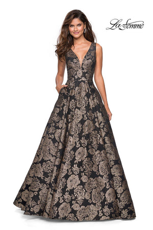 La Femme 27482 prom dress images.  La Femme 27482 is available in these colors: Gold Black.