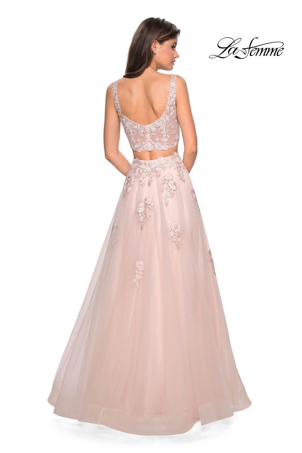 La Femme 27489 prom dress images.  La Femme 27489 is available in these colors: Blush, Dusty Blue, Pale Yellow, Periwinkle.