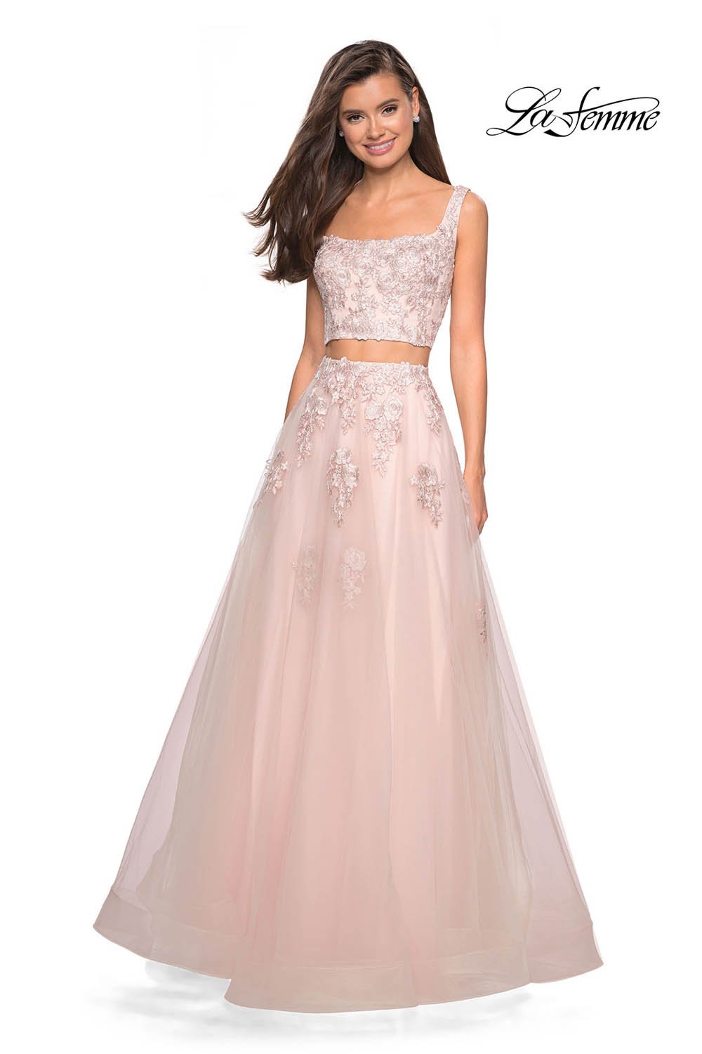 La Femme 27489 prom dress images.  La Femme 27489 is available in these colors: Blush, Dusty Blue, Pale Yellow, Periwinkle.