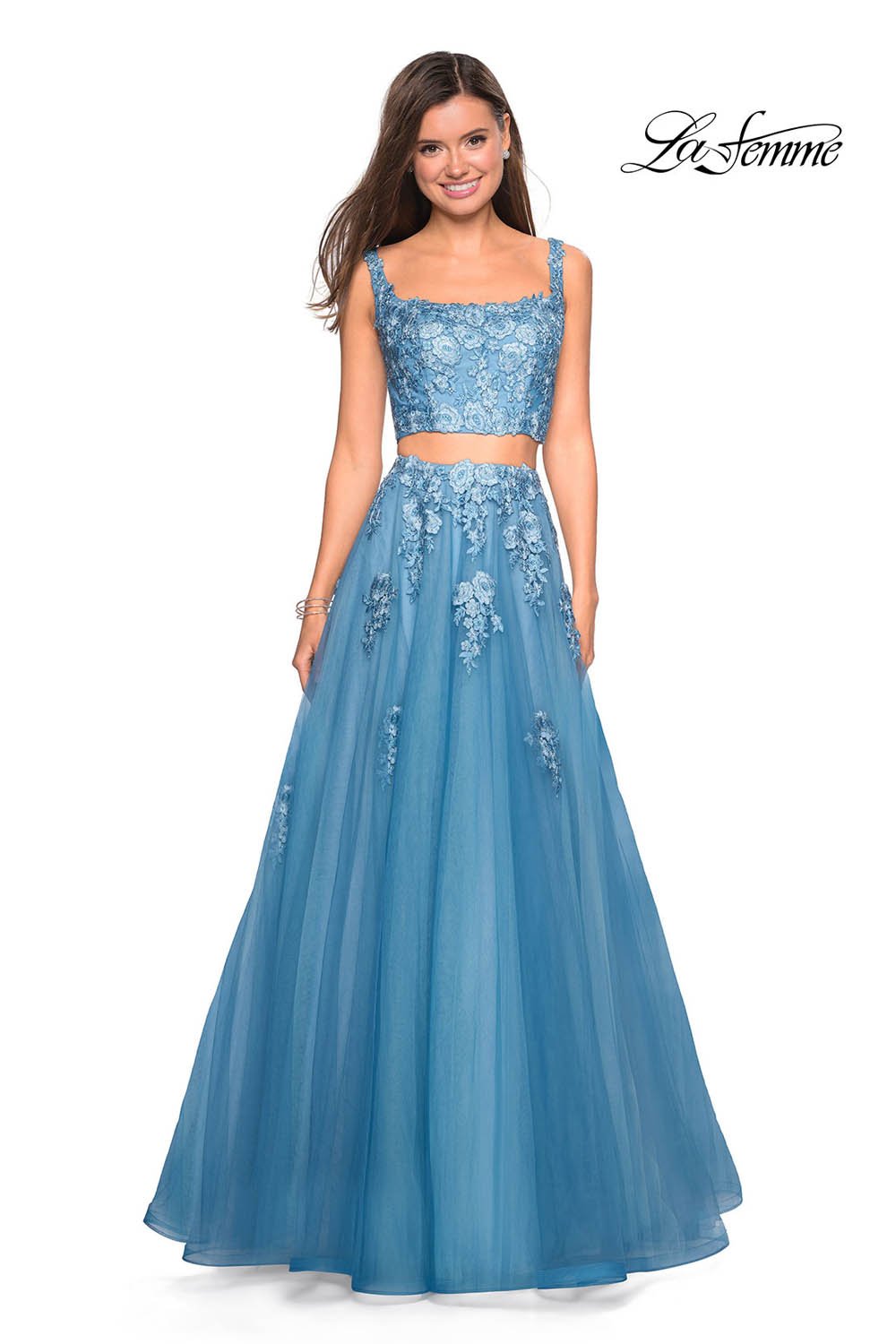 La Femme 27489 prom dress images.  La Femme 27489 is available in these colors: Blush, Dusty Blue, Pale Yellow, Periwinkle.