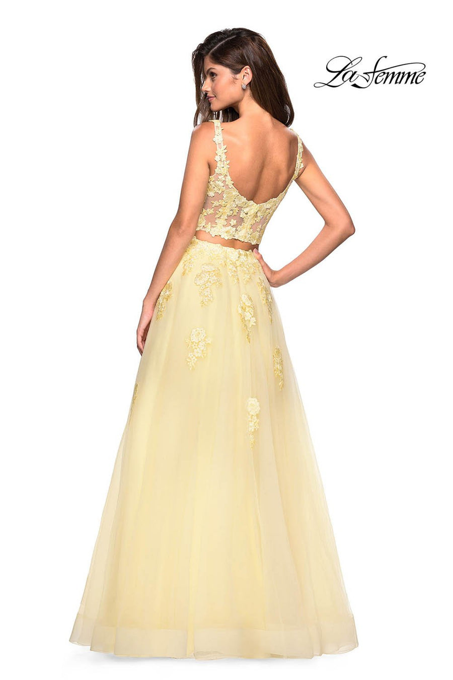 La Femme 27489 prom dress images.  La Femme 27489 is available in these colors: Blush, Dusty Blue, Pale Yellow, Periwinkle.