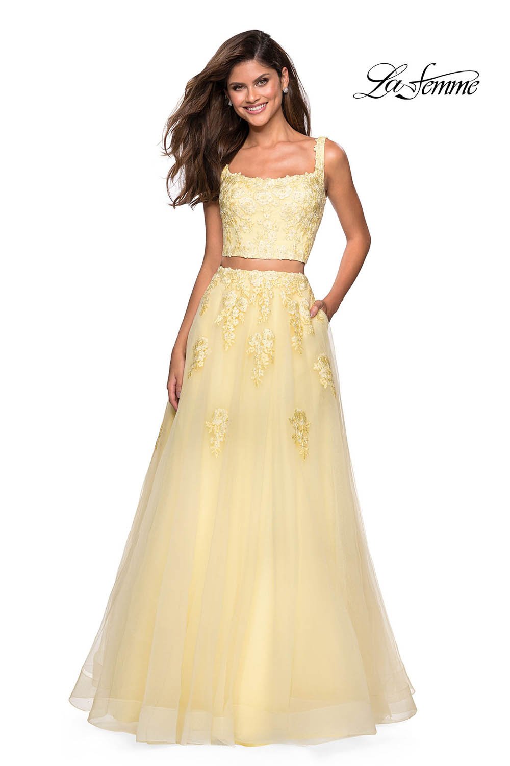 La Femme 27489 prom dress images.  La Femme 27489 is available in these colors: Blush, Dusty Blue, Pale Yellow, Periwinkle.