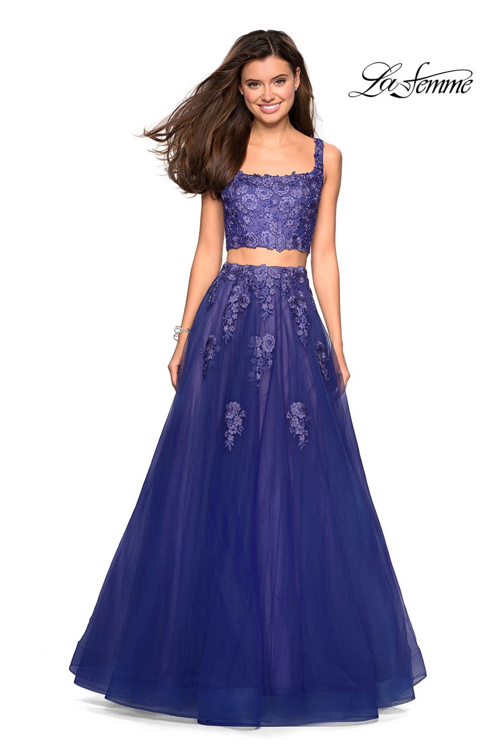 La Femme 27489 prom dress images.  La Femme 27489 is available in these colors: Blush, Dusty Blue, Pale Yellow, Periwinkle.
