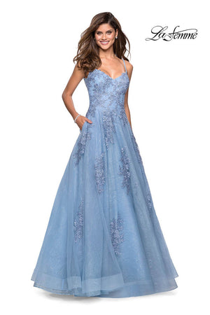 La Femme 27492 prom dress images.  La Femme 27492 is available in these colors: Cloud Blue, Dusty Pink, Ivory Nude, Navy.