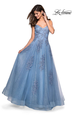 La Femme 27492 prom dress images.  La Femme 27492 is available in these colors: Cloud Blue, Dusty Pink, Ivory Nude, Navy.