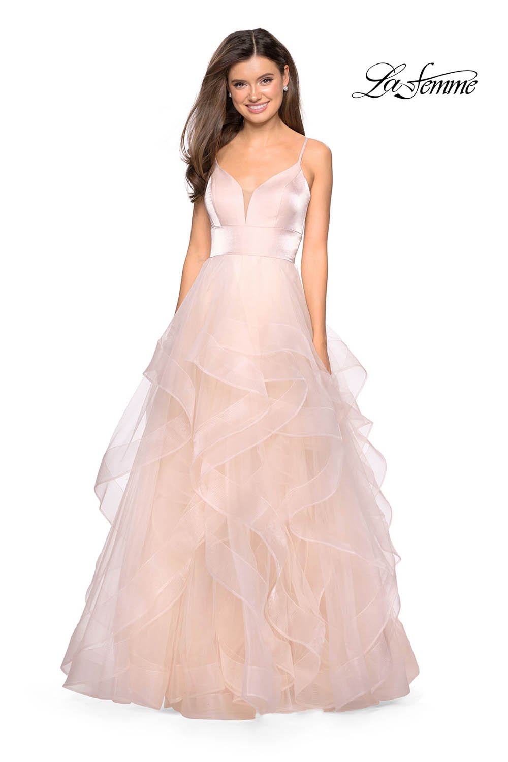 La Femme 27502 prom dress images.  La Femme 27502 is available in these colors: Blush, Burgundy, Gunmetal, Navy.