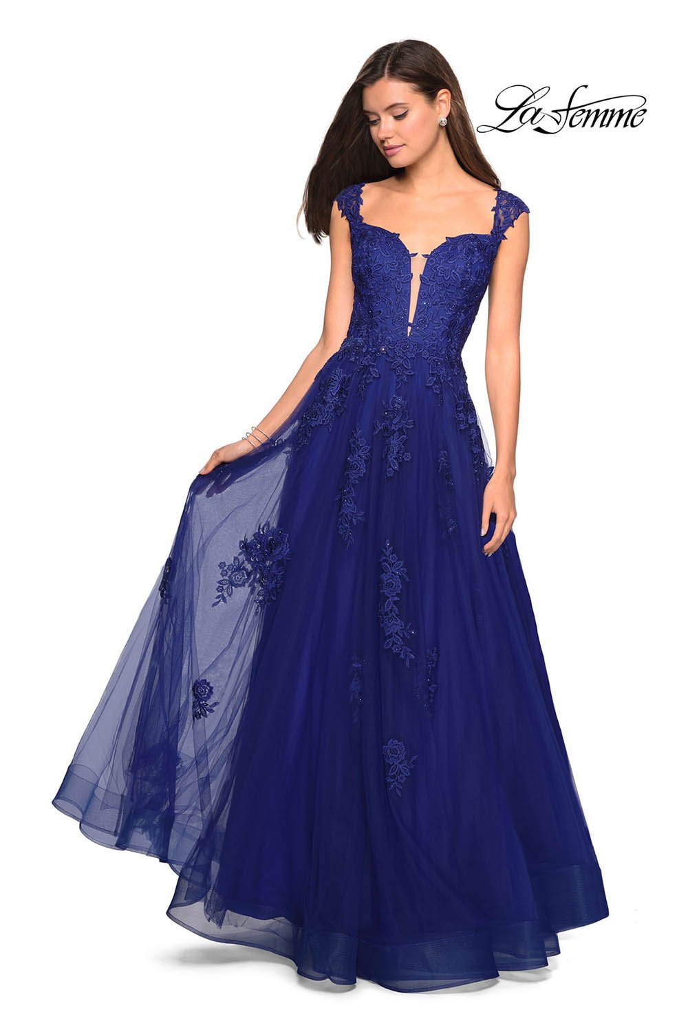 La Femme 27503 prom dress images.  La Femme 27503 is available in these colors: Indigo, Mauve, Wine.