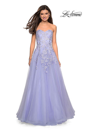 La Femme 27508 prom dress images.  La Femme 27508 is available in these colors: Lilac Mist, White Nude.