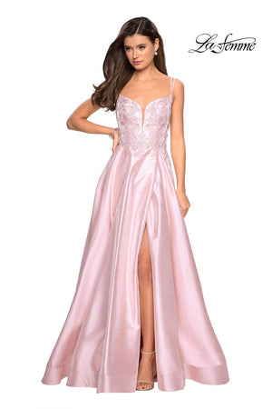 La Femme 27528 prom dress images.  La Femme 27528 is available in these colors: Blush, Lavender, Red, Sapphire Blue.