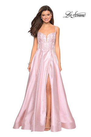 La Femme 27528 prom dress images.  La Femme 27528 is available in these colors: Blush, Lavender, Red, Sapphire Blue.