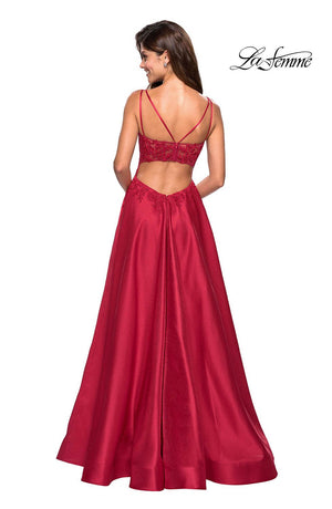 La Femme 27528 prom dress images.  La Femme 27528 is available in these colors: Blush, Lavender, Red, Sapphire Blue.