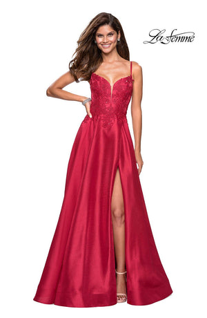 La Femme 27528 prom dress images.  La Femme 27528 is available in these colors: Blush, Lavender, Red, Sapphire Blue.