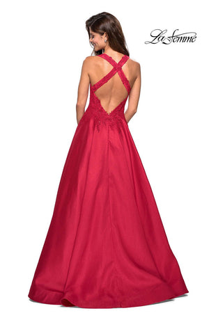 La Femme 27529 prom dress images.  La Femme 27529 is available in these colors: Indigo, Red.