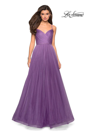 La Femme 27535 prom dress images.  La Femme 27535 is available in these colors: Lavender, Mauve, Navy, Platinum.