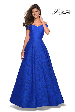 La Femme 27556 prom dress images.  La Femme 27556 is available in these colors: Electric Blue, Garnet, Hot Pink, White.