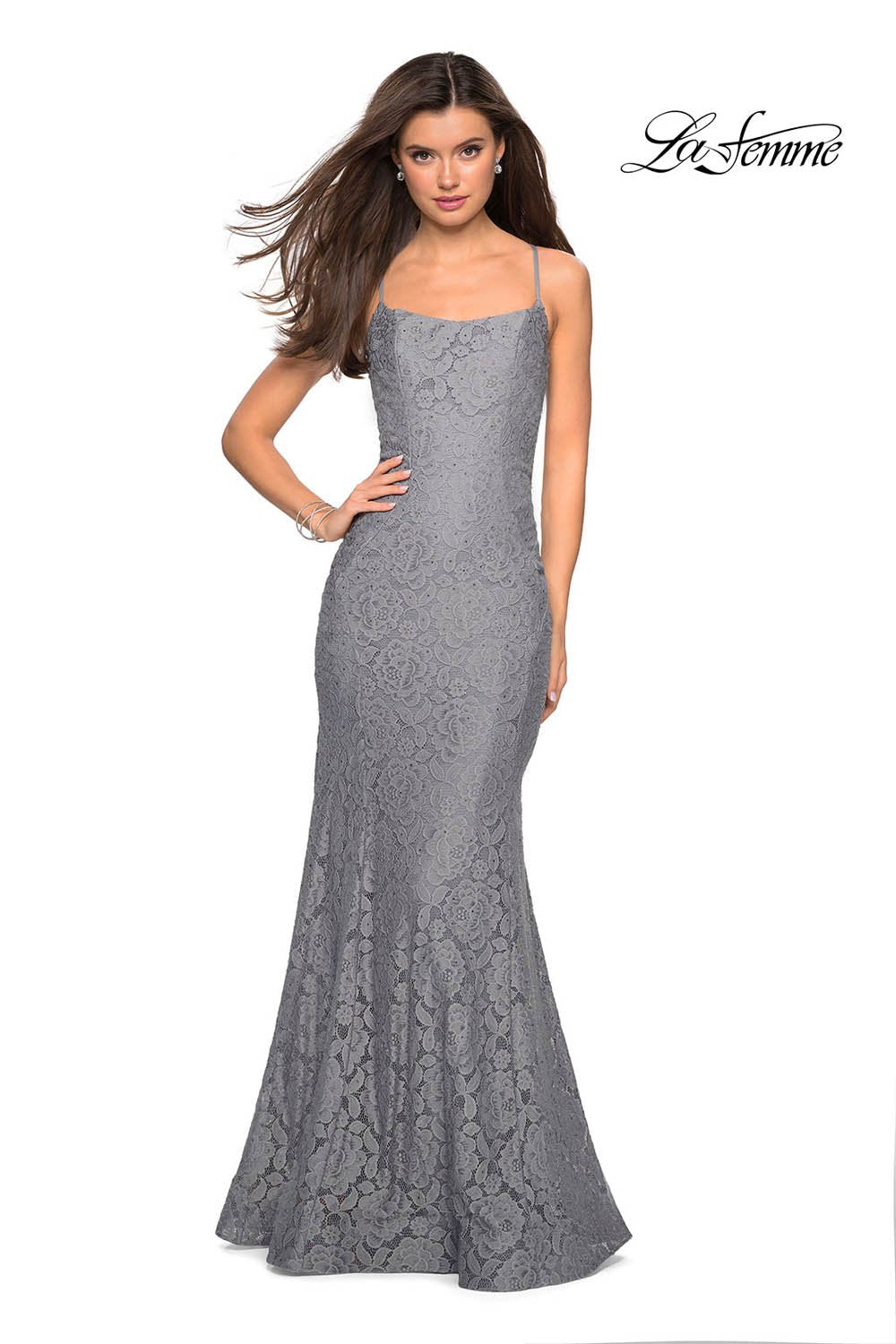 La Femme 27565 prom dress images.  La Femme 27565 is available in these colors: Gunmetal, Hot Pink, Navy, Periwinkle, White, Yellow.