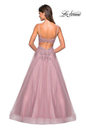 La Femme 27569 prom dress images.  La Femme 27569 is available in these colors: Gunmetal, Mauve, Navy.