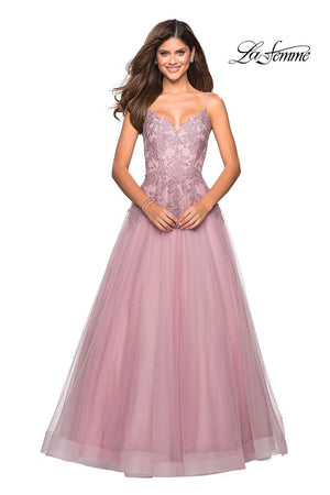 La Femme 27569 prom dress images.  La Femme 27569 is available in these colors: Gunmetal, Mauve, Navy.