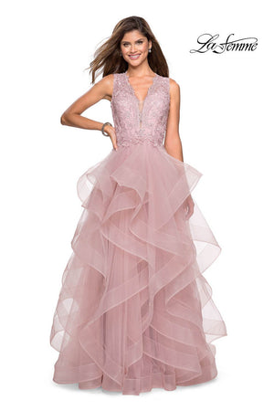 La Femme 27570 prom dress images.  La Femme 27570 is available in these colors: Lilac Mist, Mauve, Platinum, White.