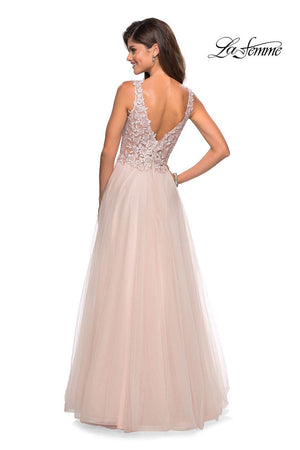 La Femme 27574 prom dress images.  La Femme 27574 is available in these colors: Blush, Gunmetal, Lilac Mist.