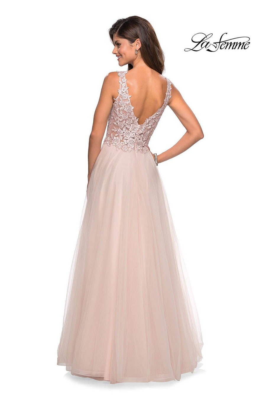 La Femme 27574 prom dress images.  La Femme 27574 is available in these colors: Blush, Gunmetal, Lilac Mist.