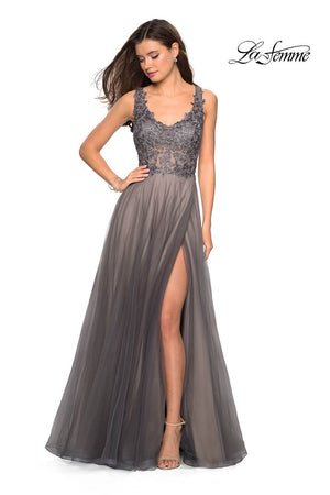 La Femme 27574 prom dress images.  La Femme 27574 is available in these colors: Blush, Gunmetal, Lilac Mist.