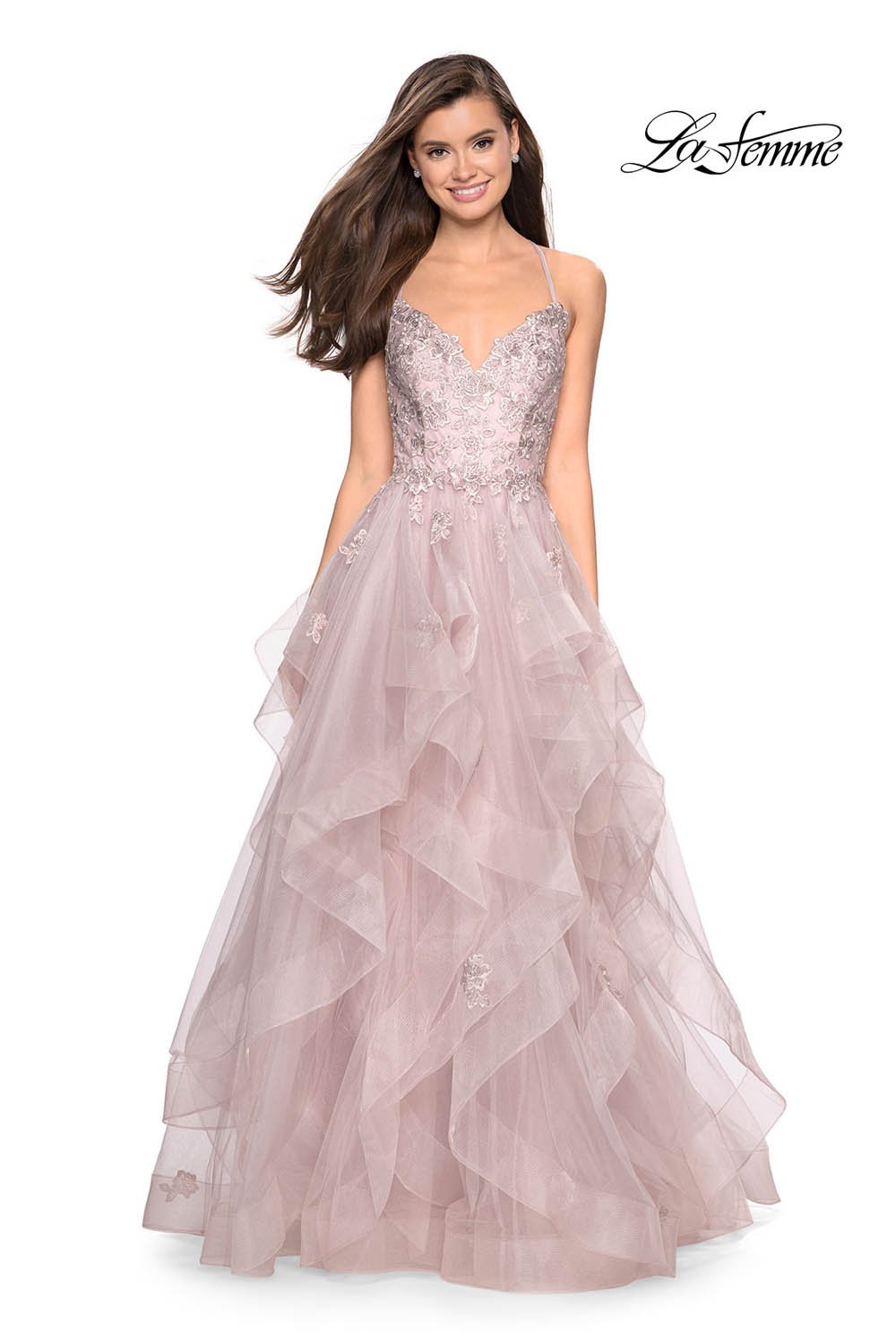La Femme 27579 prom dress images.  La Femme 27579 is available in these colors: Dusty Mauve, Powder Blue, Silver.