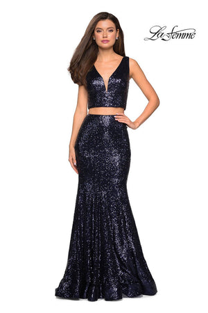 La Femme 27590 prom dress images.  La Femme 27590 is available in these colors: Navy, Red.