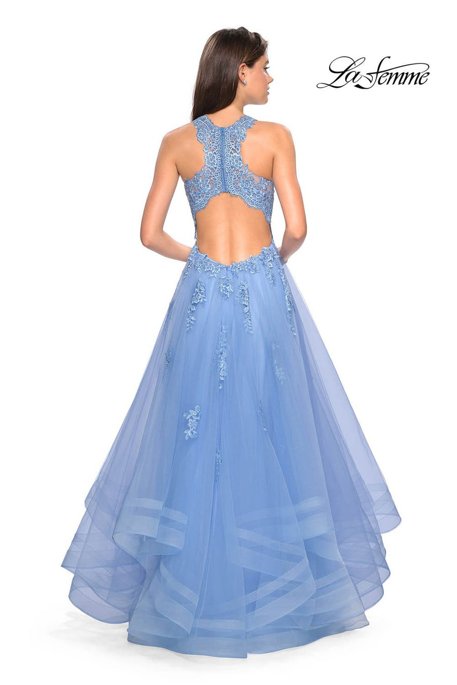 La Femme 27603 prom dress images.  La Femme 27603 is available in these colors: Cloud Blue, Lilac Mist, White.
