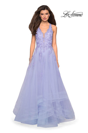 La Femme 27603 prom dress images.  La Femme 27603 is available in these colors: Cloud Blue, Lilac Mist, White.