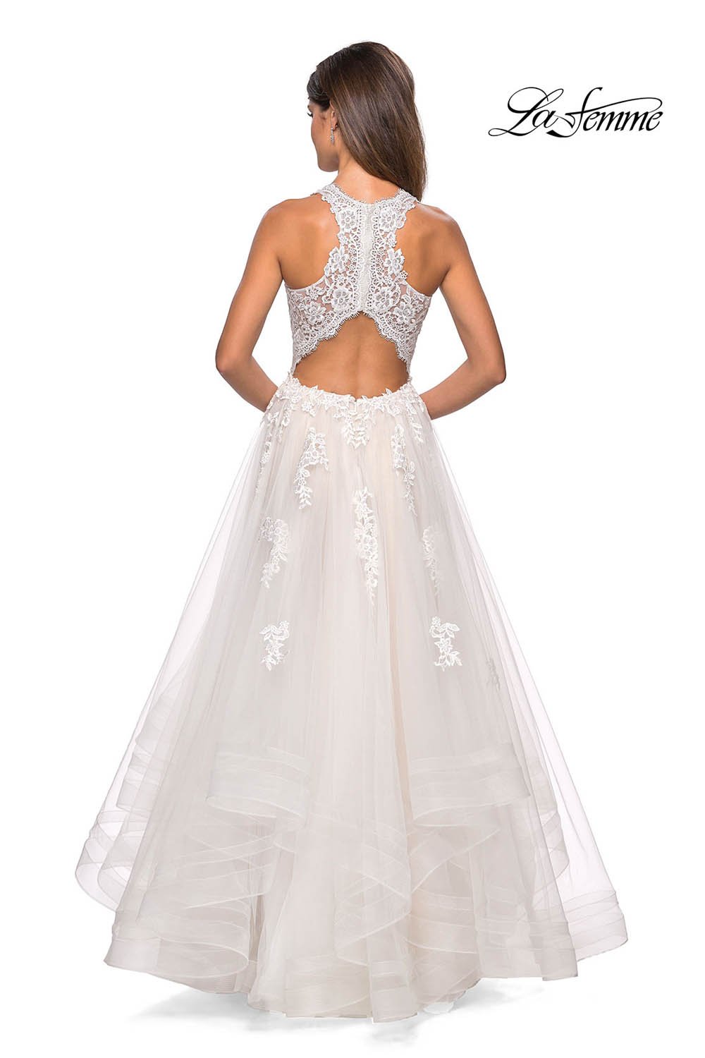 La Femme 27603 prom dress images.  La Femme 27603 is available in these colors: Cloud Blue, Lilac Mist, White.